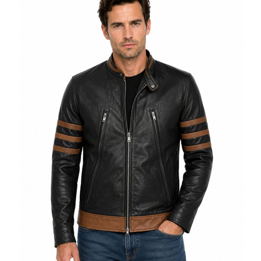 Hugh Logan Wolverine Jackman Genuine Leather Jacket with Brown Stripes on Sleeves - AshesWear