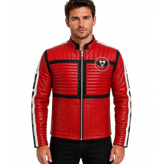 Men's Red Leather Racing Jacket – Kobra Snake Patch - AshesWear