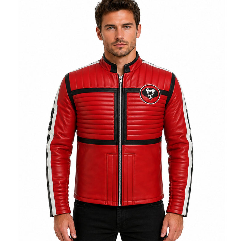 Men's Red Leather Racing Jacket – Kobra Snake Patch - AshesWear