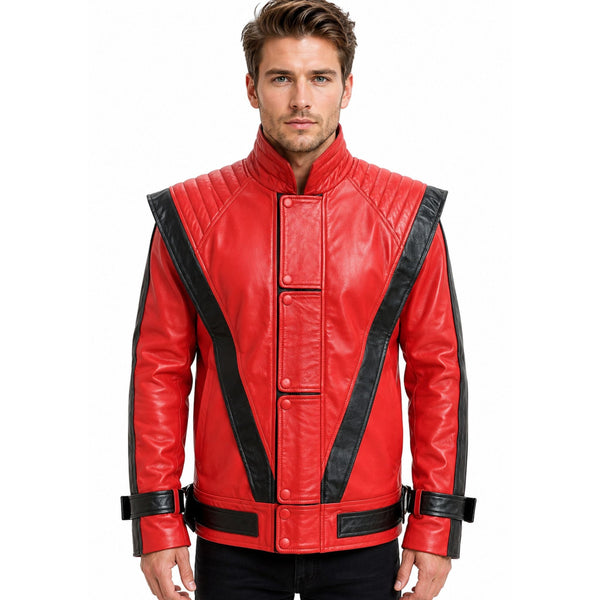 Michael Jackson Inspired Red & Black Lambskin Leather Jacket | Men’s Thriller Style Color Block Jacket - AshesWear