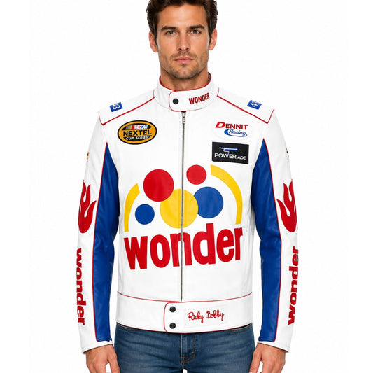 Ricky Bobby White Leather Racing Biker Jacket for Men - AshesWear