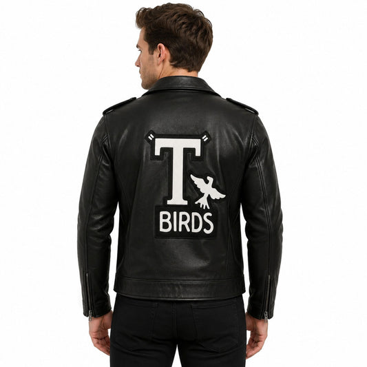 T-Birds Grease Leather Jacket | Men's Real Lambskin Biker Jacket | Embroidered Greaser Jacket | 1950s Rockabilly Costume - AshesWear